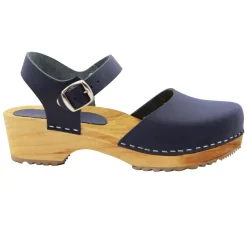 BJORK ALMA Swedish Wood Clog Navy Leather Sandals