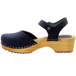 BJORK ALMA Swedish Wood Clog Navy Leather Sandals