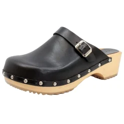 BJORK Anna Wood Full Grain Black Leather Clogs
