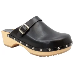 BJORK Anna Wood Full Grain Black Leather Clogs