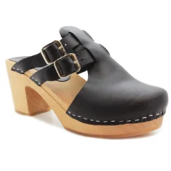 BJORK Brigetta Mid-heel Fashion Leather Wooden Clogs - CLOSEOUT