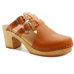BJORK Brigetta Mid-heel Fashion Leather Wooden Clogs - CLOSEOUT