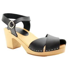 BJORK Duve Mid-heel Leather Peep Toe Wooden Clog Sandals