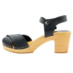BJORK Duve Mid-heel Leather Peep Toe Wooden Clog Sandals
