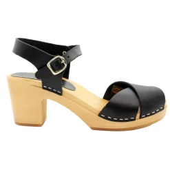 BJORK Duve Mid-heel Leather Peep Toe Wooden Clog Sandals