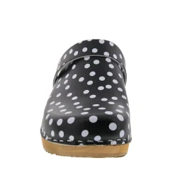 BJORK Emma Wood Open Back Black Polka Dots Leather Clogs - CLOSEOUT