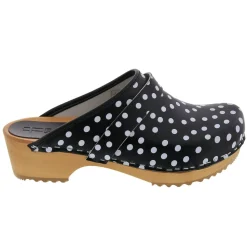 BJORK Emma Wood Open Back Black Polka Dots Leather Clogs - CLOSEOUT