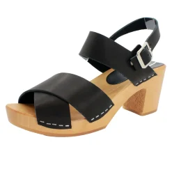 BJORK Erika Black Leather Wooden Clog Sandals