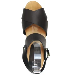 BJORK Erika Black Leather Wooden Clog Sandals