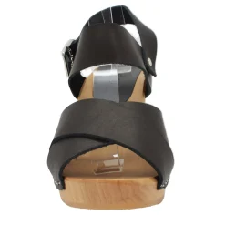 BJORK Erika Black Leather Wooden Clog Sandals