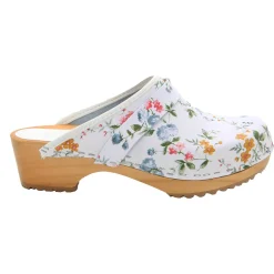 BJORK Linnea Wood Open Back Flower Print Leather Clogs - FACTORY SECOND