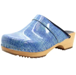 BJORK Maja Denim Wood Open Back Leather Clogs - CLOSEOUT