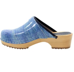 BJORK Maja Denim Wood Open Back Leather Clogs - CLOSEOUT