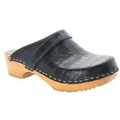 BJORK Maja Wood Open Back Black Croco Print Leather Clogs - CLOSEOUT