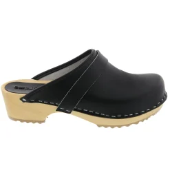 BJORK Maja Wood Open Back Black Leather Clogs