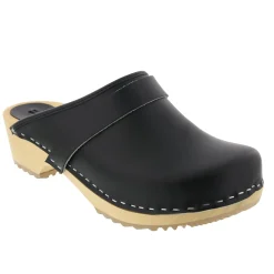 BJORK Maja Wood Open Back Black Leather Clogs