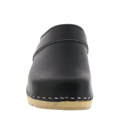 BJORK Maja Wood Open Back Black Leather Clogs