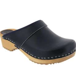 BJORK Maja Wood Open Back Black Leather Clogs
