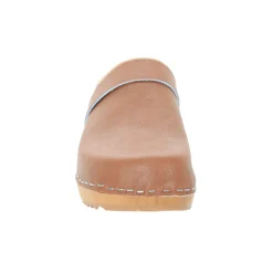 BJORK Maja Wood Open Back Brown Leather Clogs
