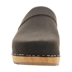 BJORK Maja Wood Open Back Brown Oiled Leather Clogs