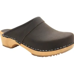 BJORK Maja Wood Open Back Brown Oiled Leather Clogs