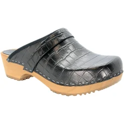 BJORK Maja Wood Open Back Croco Print Leather Clogs - CLOSEOUT