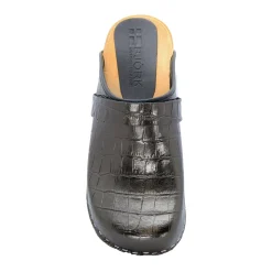 BJORK Maja Wood Open Back Croco Print Leather Clogs - CLOSEOUT