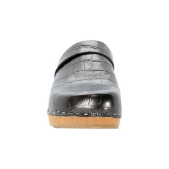 BJORK Maja Wood Open Back Croco Print Leather Clogs - CLOSEOUT