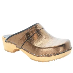 BJORK Maja Wood Open Back Croco Print Leather Clogs - CLOSEOUT