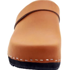 BJORK Maja Wood Open Back Leather Clogs in Cognac