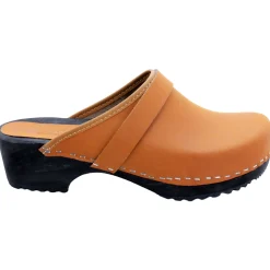BJORK Maja Wood Open Back Leather Clogs in Cognac