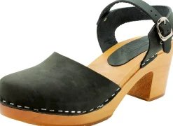 BJORK MARGARETA Swedish Wood Clog Sandals in Forest Green Oiled Leather