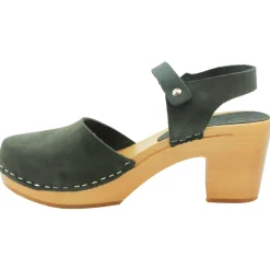 BJORK MARGARETA Swedish Wood Clog Sandals in Forest Green Oiled Leather
