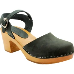 BJORK MARGARETA Swedish Wood Clog Sandals in Forest Green Oiled Leather