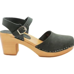 BJORK MARGARETA Swedish Wood Clog Sandals in Forest Green Oiled Leather