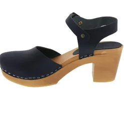 BJORK MARGARETA Swedish Wood Clog Sandals in Navy Oiled Leather