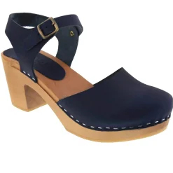 BJORK MARGARETA Swedish Wood Clog Sandals in Navy Oiled Leather