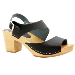 BJORK MARIE Swedish Wood Clog Sandals in Black Leather - CLOSEOUT