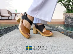 BJORK MARIE Swedish Wood Clog Sandals in Combi-Brown Oiled Leather - CLOSEOUT