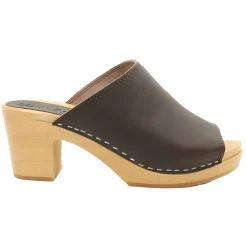 BJORK Thali Mid-heel Leather Peep Toe Wooden Clog Sandals