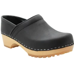 BJORK Tindra Wood Closed Back Grip Black Leather Clogs