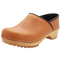 BJORK Tindra Wood Closed Back Grip Caramel Veg Tan Leather Clogs - CLOSEOUT