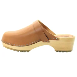 BJORK Tuva Wood Open Back Grip Caramel Veg Tan Leather Clogs - CLOSEOUT