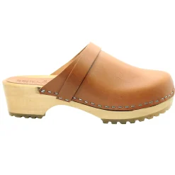 BJORK Tuva Wood Open Back Grip Caramel Veg Tan Leather Clogs - CLOSEOUT