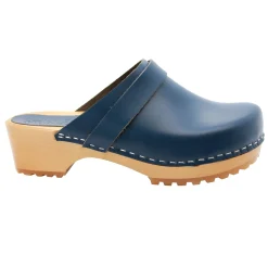 BJORK Tuva Wood Open Back Grip Cobalt Veg Tan Leather Clogs - CLOSEOUT